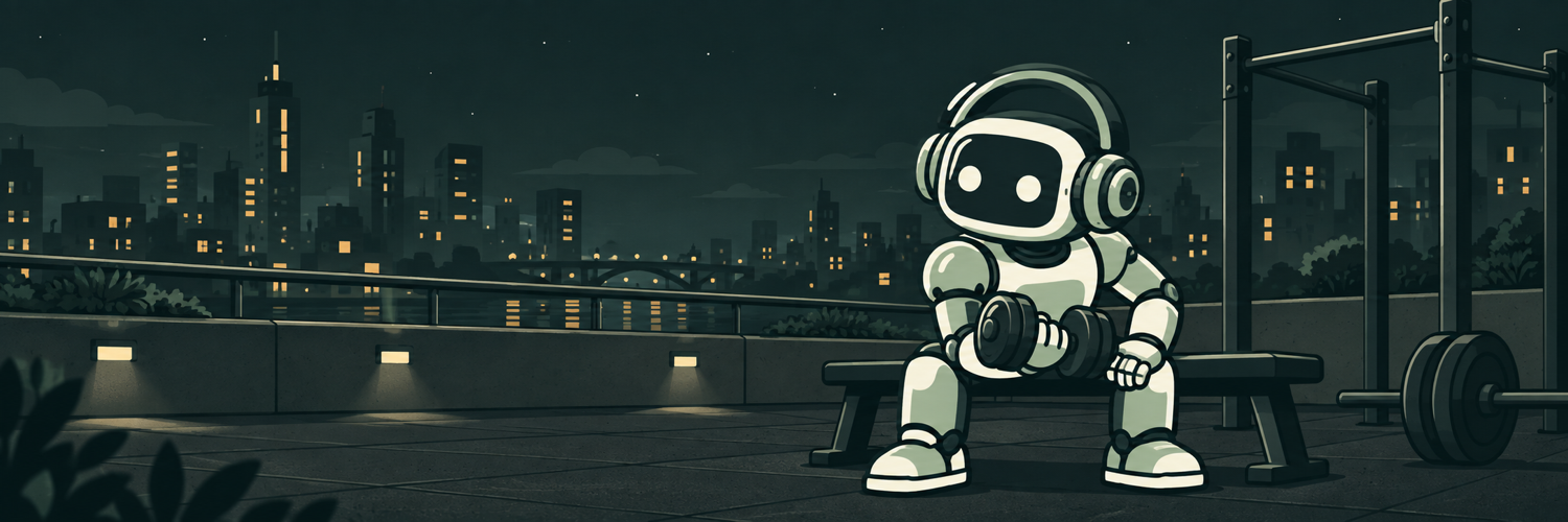 KILO sitting with a dumbbell at an outdoor robot gym, against a city skyline at night